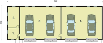Rzut projektu G221 garaż czterostanowiskowy z pomieszczeniami gospodarczymi