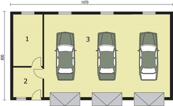 Rzut  projektu G250 garaż trzystanowiskowy z pomieszczeniami gospodarczymi