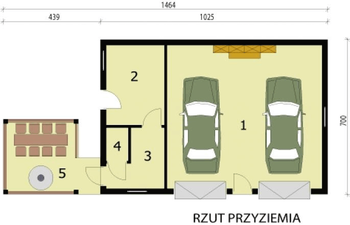 Rzut  projektu G247 garaż dwustanowiskowy z pomieszczeniami gospodarczymi i werandą