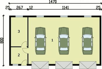 Rzut  projektu G38 garaż trzystanowiskowy z pomieszczeniami gospodarczymi