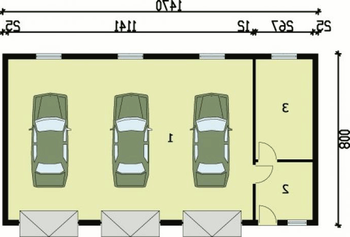 Rzut  projektu G38 garaż trzystanowiskowy z pomieszczeniami gospodarczymi